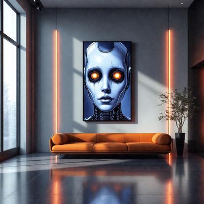 The primary subject of the image is a futuristic robotic face displayed on a large poster or painting. The setting is a modern, well-lit room with a couch and a potted plant. The visual style is a combination of digital art and illustration, creating a striking and futuristic atmosphere. The dominant colors are orange and blue, which contribute to the overall mood of the scene.